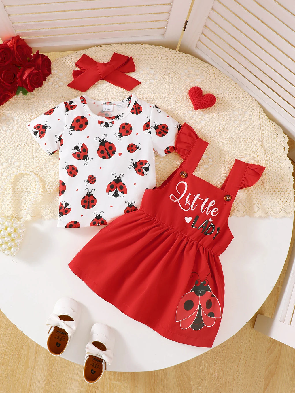 Baby Girl Ladybug Printed Outfit Set 3PCS Short Sleeve T-Shirt + Suspender Skirt+Headband for0-3Y Newborn Summer Casual Clothes