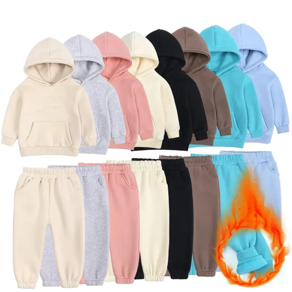 2026 Winter Children Fleece Outfits Toddler Warm Thicken Cotton Soild Hoodies+Pants Tracksuit Kids Boy Girl Sweatsuits Sets
