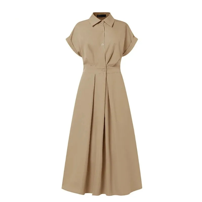 2026 New Fashion Solid Long Dress Short Sleeve Loose Elegant Summer Dress Buttons A-line Party Women's Slim Waist Dress