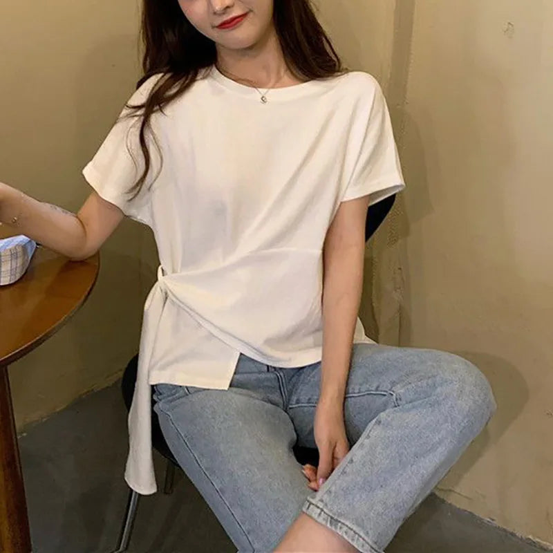 Women's Loose Fit round Neck Short Sleeve T-Shirt Pure Color Design Summer New Korean Style Citywalk Casual Breathable Cotton