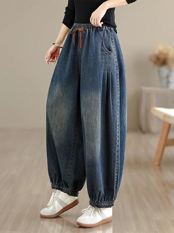 Women's Casual Washed Denim Elastic Waist Loose Fit Jeans Harlan Pants plus Size Nine Points Spring Autumn Seasonal Cotton