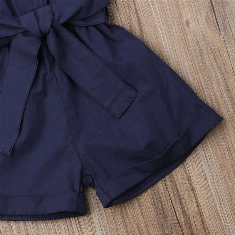 1-6years Baby Girl Sleeveless Romper Solid Navy Blue Beige Green Button Shorts With Belt Jumpsuit For Infant Girl Casual Overall