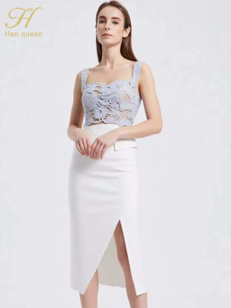 Halter Strapless Fashion V Collar Vintage Party Dresses Summer Hollow out Lace Splicing Sexy Sheath Pencil Dress