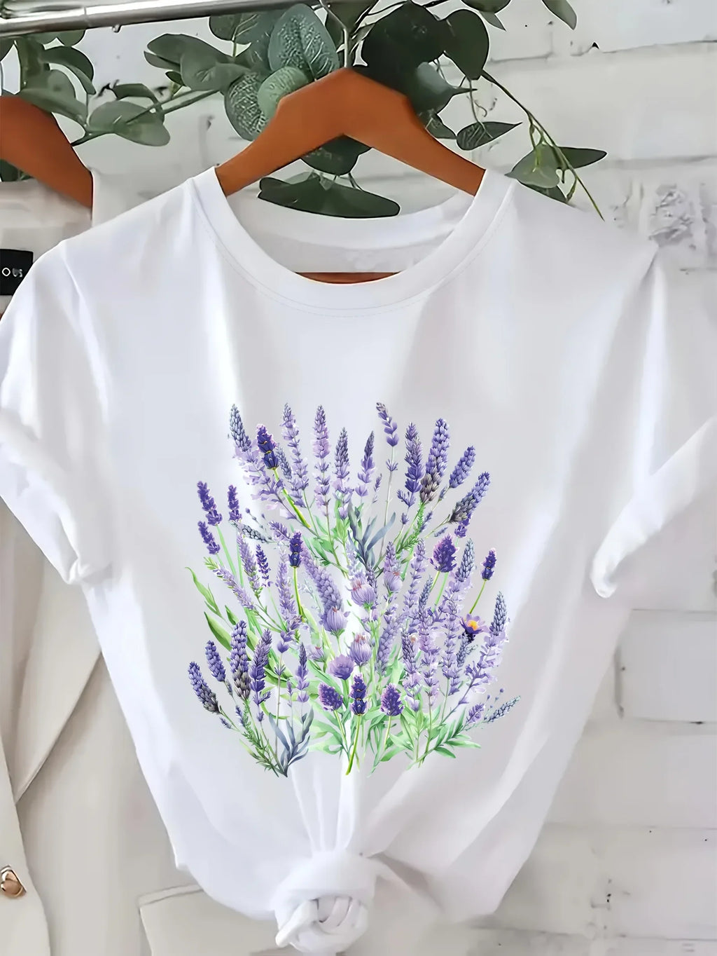 Women's Lavender Floral Print Semi-Sheer T-Shirt - Spring Summer Round Neck Top with Moderate Stretch Lavender Blouses