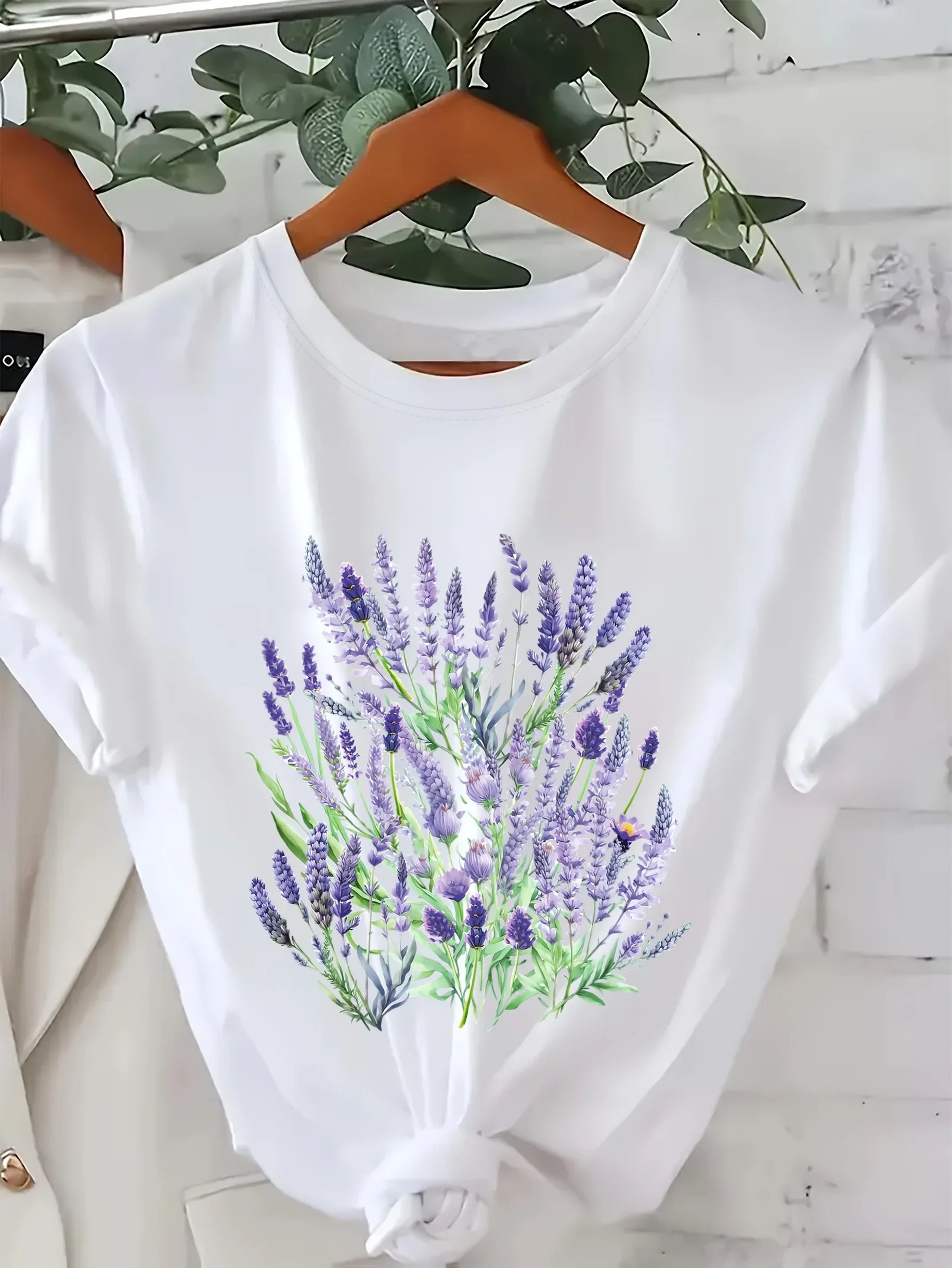 Women's Lavender Floral Print Semi-Sheer T-Shirt - Spring Summer Round Neck Top with Moderate Stretch Lavender Blouses