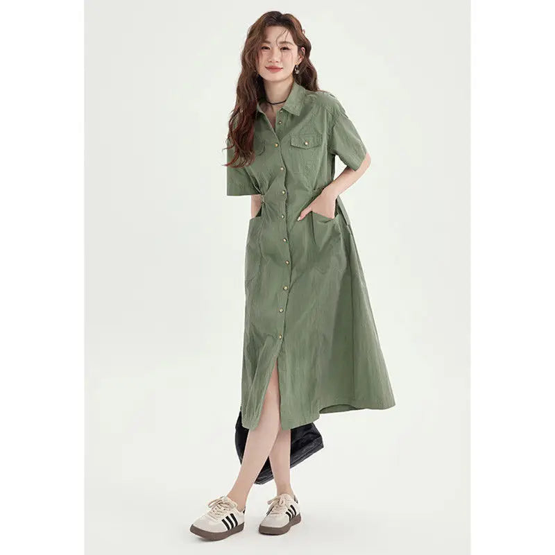 Fashion Lapel Button Pockets Lace Up Casual Dresses Female Clothing Summer New Loose Short Sleeve Solid Color Midi Dress