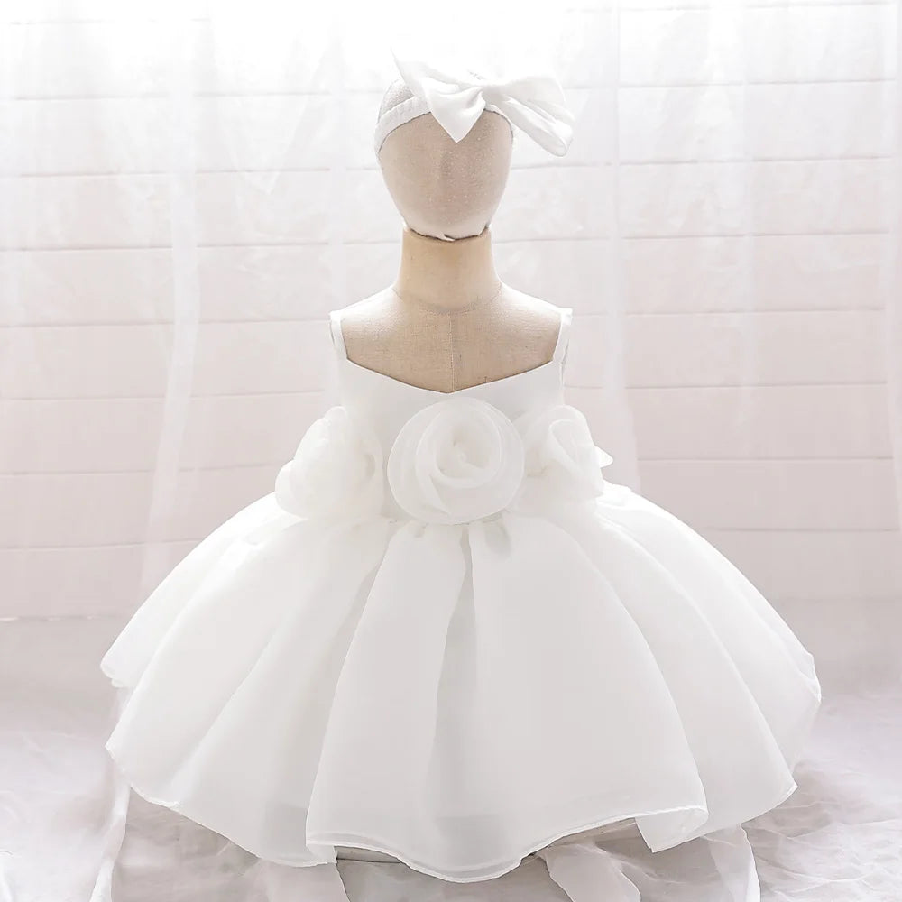 Baby Girl Dress Big Flower Ceremony Pink 1st Birthday Clothes For Baptism Bow Princess Kids Costume Party Wedding Gown Vestidos