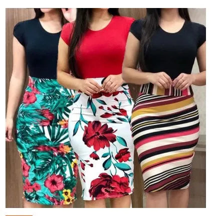 Summer Floral Color Blo Women's Dr Bodycon Maxi Skirt round Ne Single Piece Large Size Wi Hot S Cross-Border