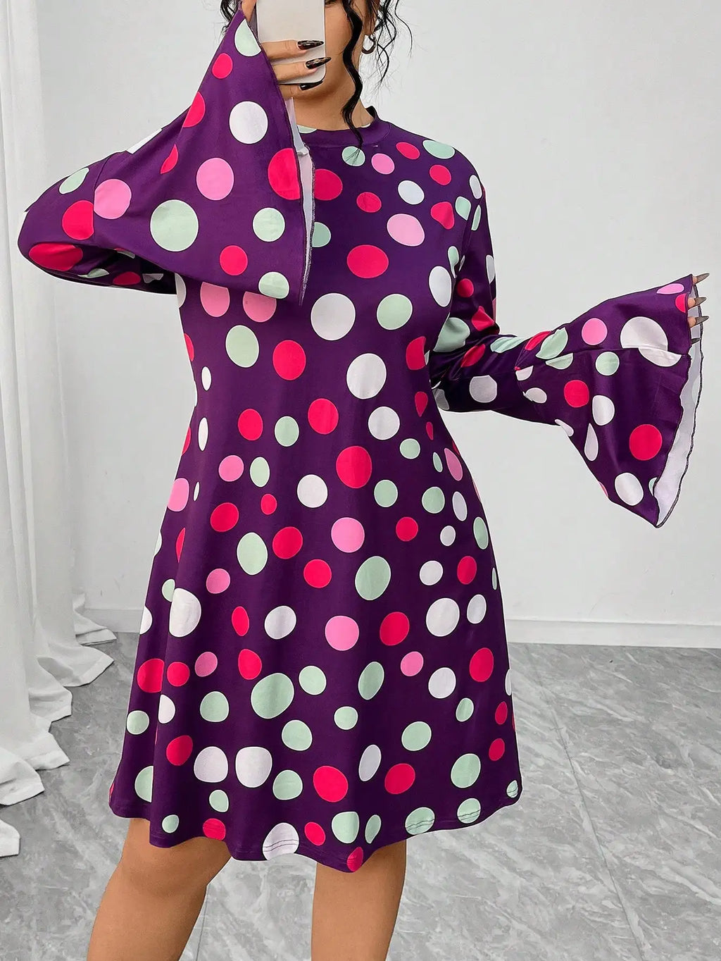 Plus Size Women's Fashionable Casual Round Neck Polka Dot A-line Dress