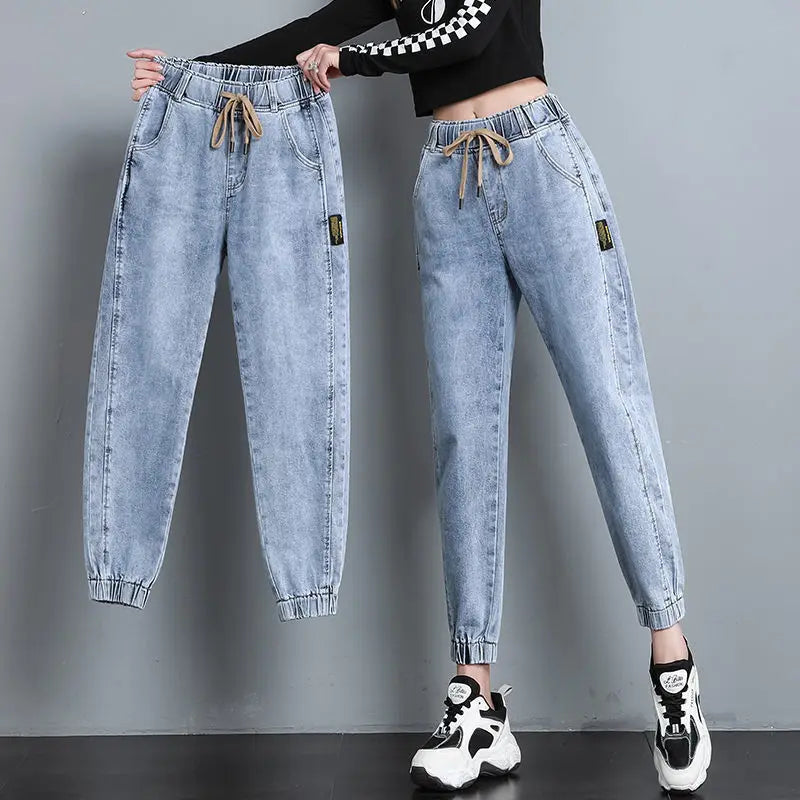 Harajuku Style Women's Jeans Elastic Waist High Waist Cotton Stretch Denim Light Color Pear Shape Body Loose Fit Long Pants