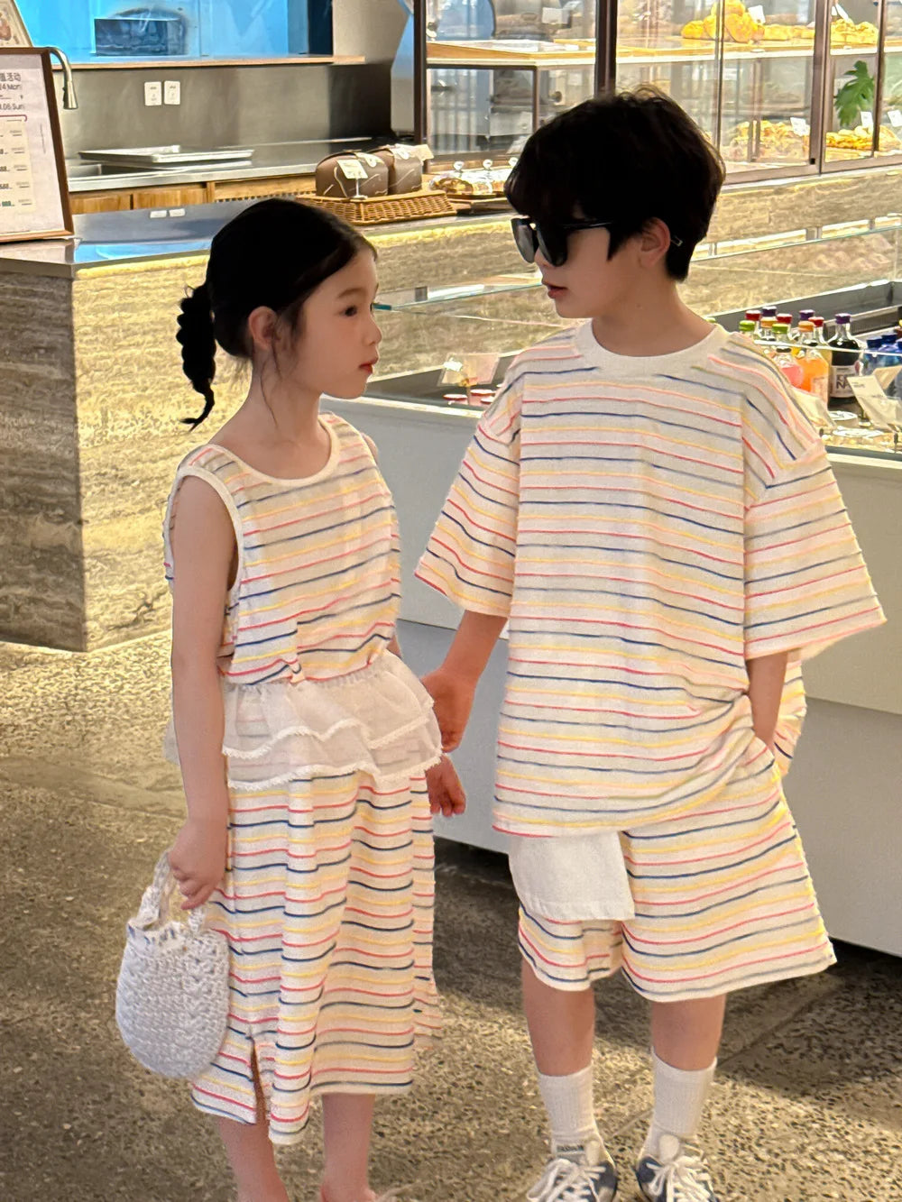 2025 Summer New Children Short Sleeve Clothes Set Boys Striped 2pcs Suit Kids Girls Colorful Vest Dress Brother Sisters Outfits