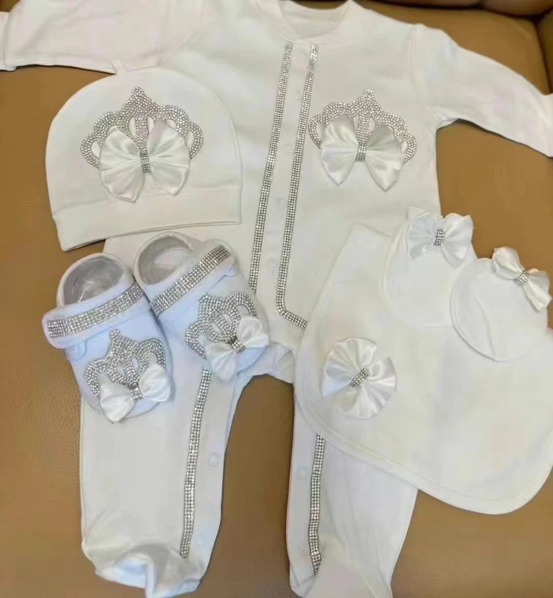 Dollbling Baptism Outfit Boy Prince Luxury Bling Christening Coming Home Romper Bonnet Set Mittens Nursery Hospital Clothing set