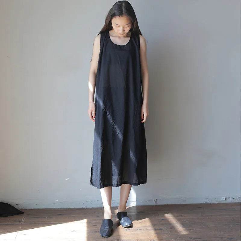 Johnature 2025 Summer 5 Colors Vintage Loose Dress Women Sleeveless Solid Color O-neck Thin Simple Render Comfortable Dress New