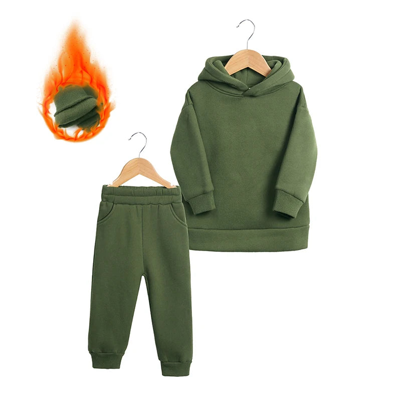 2026 Winter Children Fleece Outfits Toddler Warm Thicken Cotton Soild Hoodies+Pants Tracksuit Kids Boy Girl Sweatsuits Sets