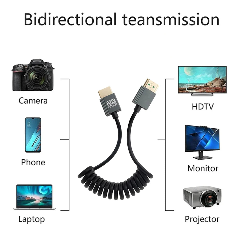 8K HDMI-Compatible To HDMI-Compatible Coiled Cable 8K@60Hz 4K@120Hz Extreme Thin HDMI-Compatible 2.1 Cable for Camera To Monitor