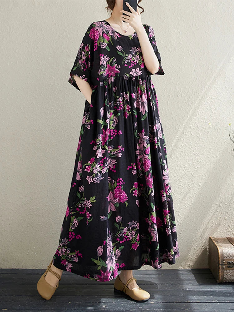 Cotton Short Sleeve Purple Print Vintage Long Dresses For Women 2026 Summer Casual Loose Dress Femme Vestidos Elegant Clothing