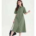 Fashion Lapel Button Pockets Lace Up Casual Dresses Female Clothing Summer New Loose Short Sleeve Solid Color Midi Dress
