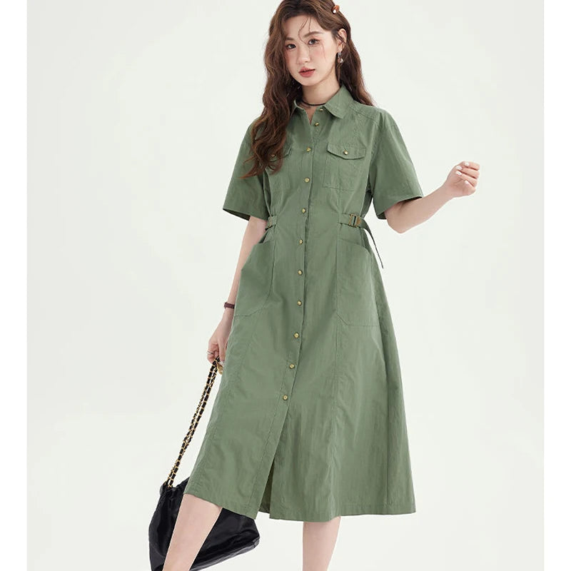 Fashion Lapel Button Pockets Lace Up Casual Dresses Female Clothing Summer New Loose Short Sleeve Solid Color Midi Dress