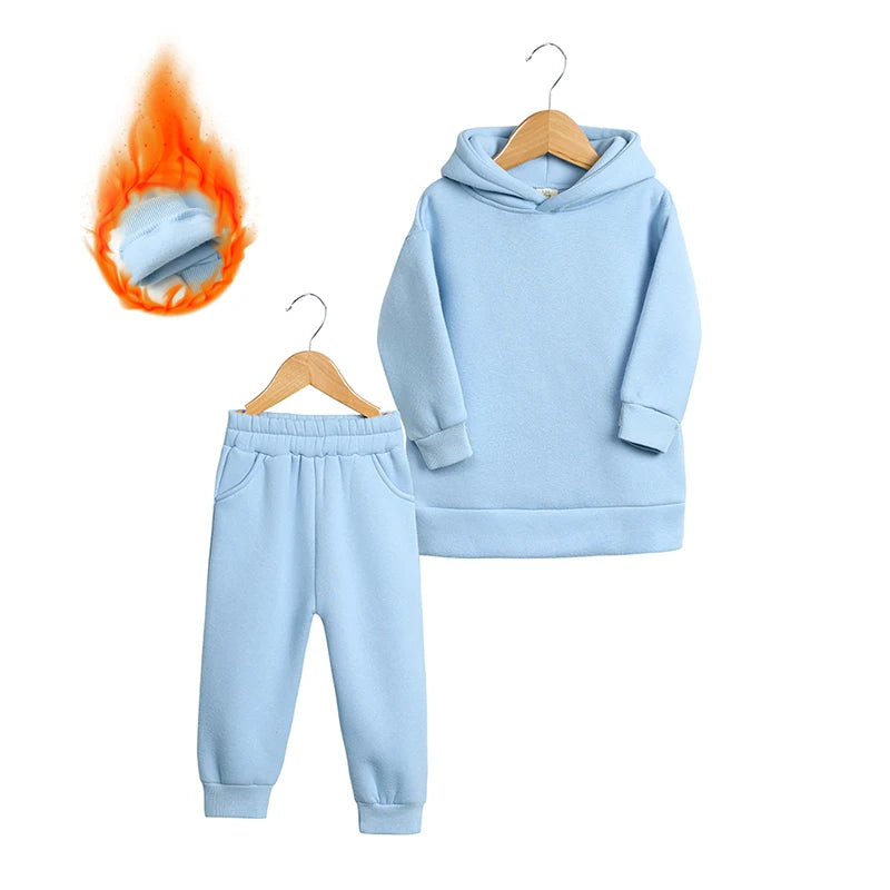 2026 Winter Children Fleece Outfits Toddler Warm Thicken Cotton Soild Hoodies+Pants Tracksuit Kids Boy Girl Sweatsuits Sets