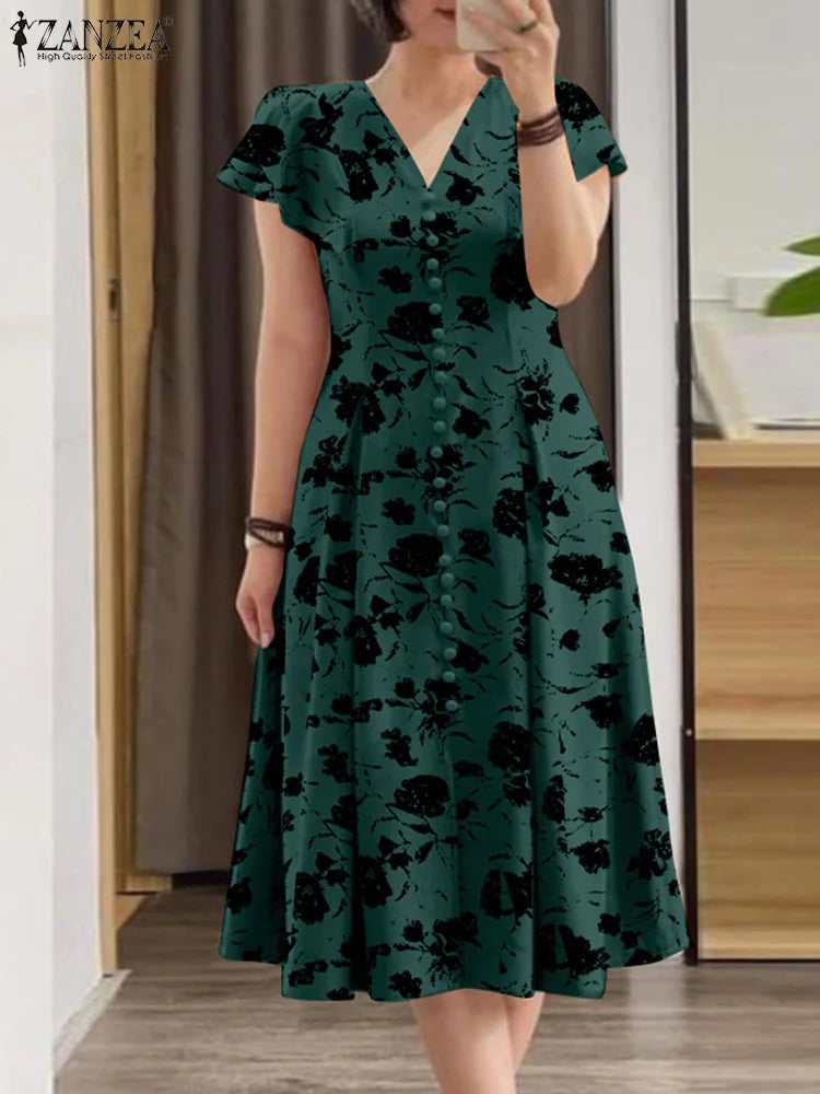 Bohemain Floral Dress ZANZEA Summer Holiday Vestidos Women Elegant V Neck Short Sleeve Sundress Fashion Casual Buttons Midi Robe