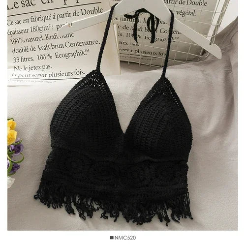 Crop Tops Retro Wild Hollow Perspective Tassel Sexy Spaghetti Strap Tanke Top Women Built In Bra 2021 New Back Lace Halter Neck