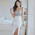 H Han Queen Korean Elegant Lace Patchwork Pencil Bodycon Dress Women's Sexy Special Occasion Dresses Slim Split Summer Vestidos