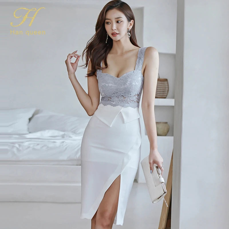 H Han Queen Korean Elegant Lace Patchwork Pencil Bodycon Dress Women's Sexy Special Occasion Dresses Slim Split Summer Vestidos