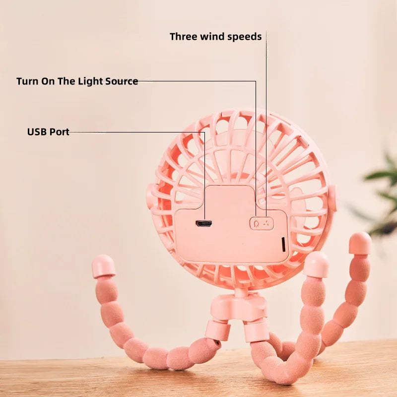 Octopus Baby Stroller Fan USB Charging Fan Mobile Phone Holder 3 Speeds Portable Mini Fan Silent Clip on Fan for Home Outdoor