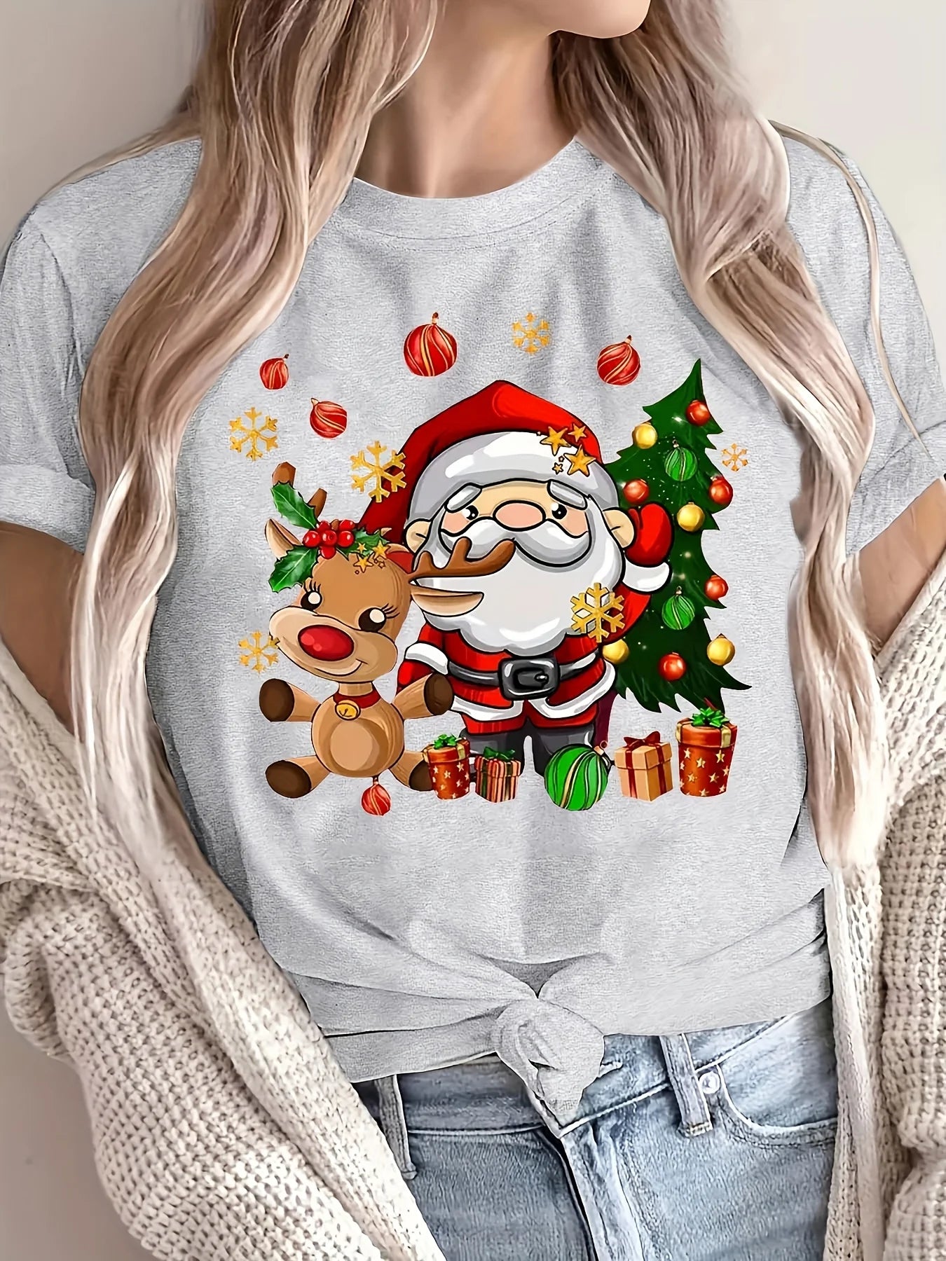 2025 Christmas Santa and Reindeer Print Crew Neck T-Shirt Harajuku Sleeve Women's T-shirt Clothing Street Tees Aesthetic Tops