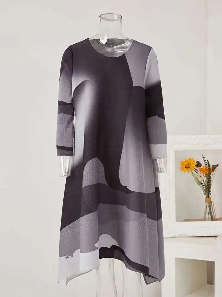 LANMREM Irregular Printing Pleated Dress Women's Round Neck Loose Contrast Color Dresses Female 2025 Spring Summer Tide 2R1504