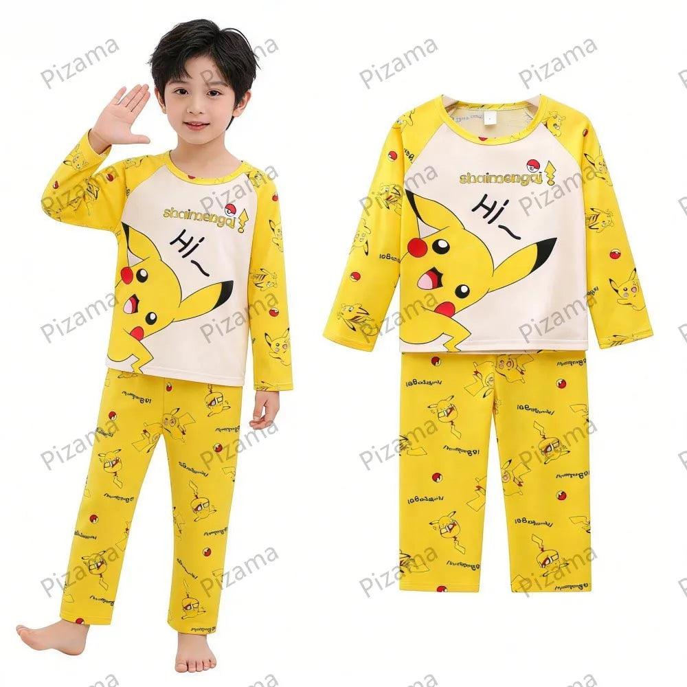 Full Sleeve Pokemon Anime Pikachu Children's Cartoon Pajamas Sets Teenager Home Clothes Kid Pyjamas Boy Sleepwear Adult Pyjamas