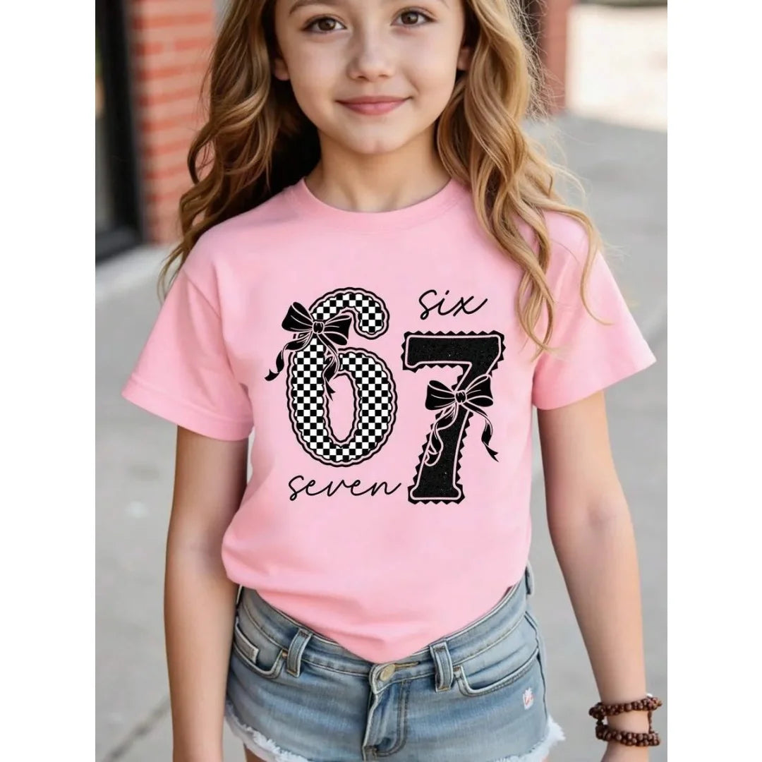 Children's 67 Christmas Elf Print Girls Short Sleeve Round Neck Tee Parties Casual Wear Comfort Children Clothes Girl Clothing