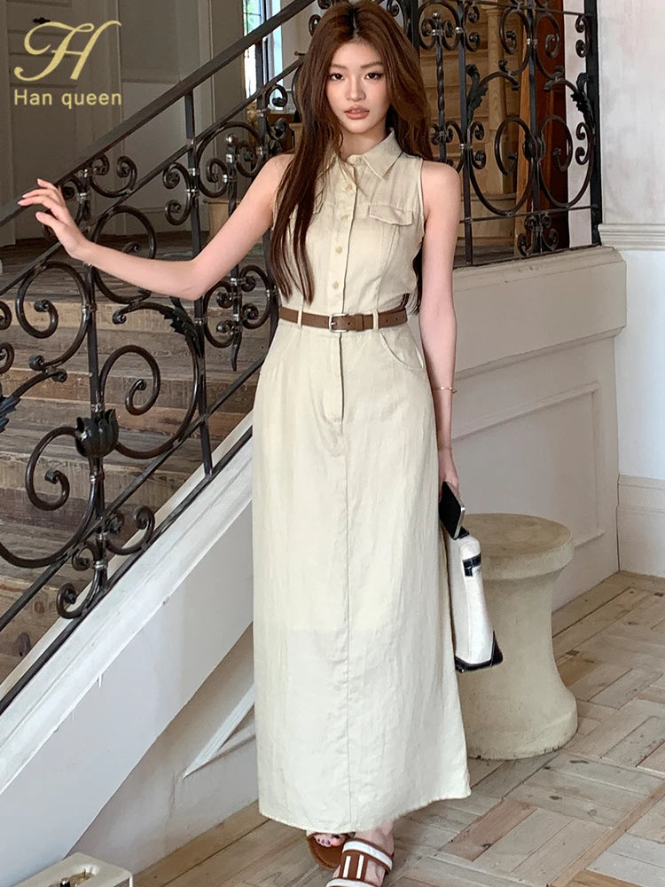 French style Sheath Pencil Simple Solid Slim Button Sleeveless Work Business Dress Women Summer Lapel Shirt Dresses