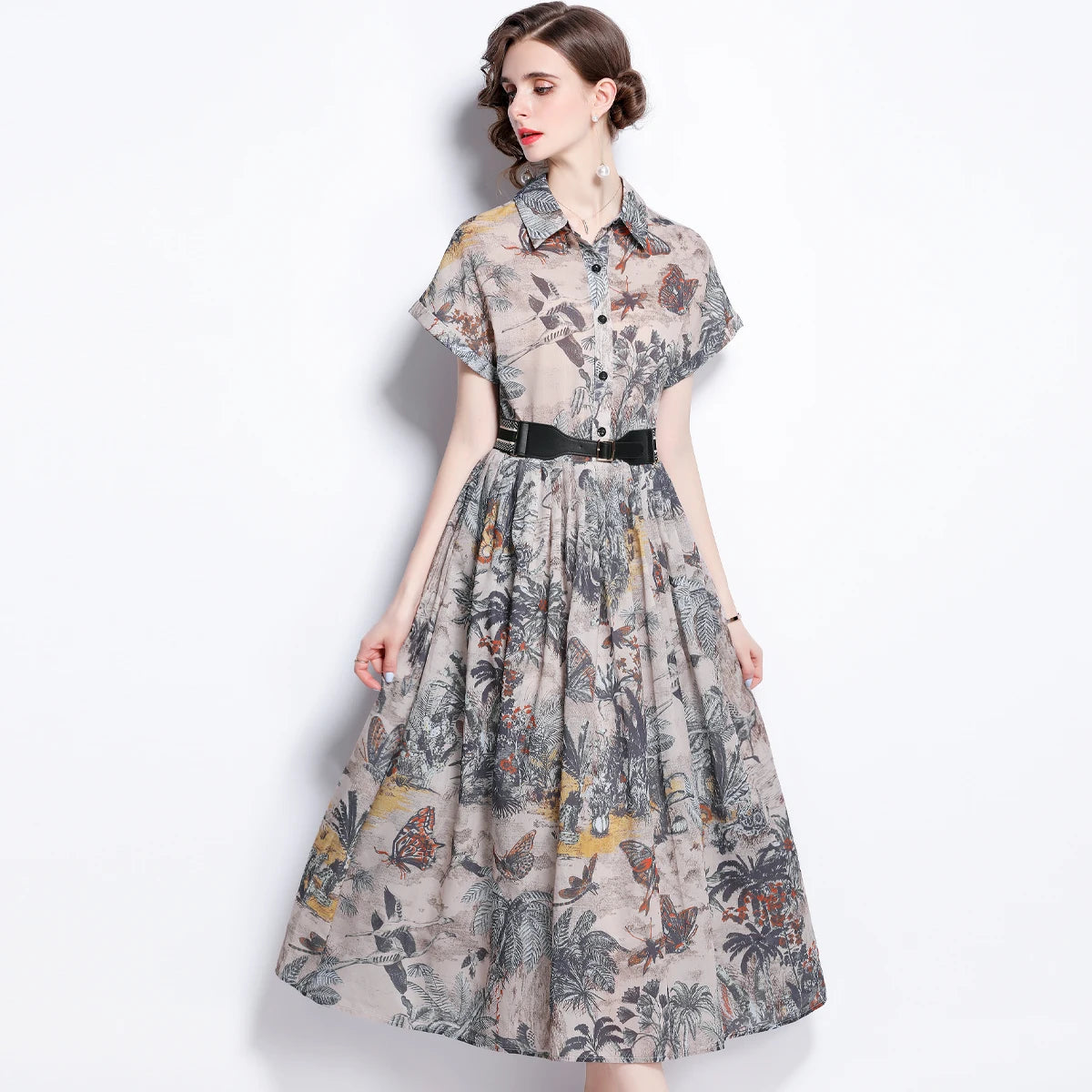 Designer Summer Women's A-Line Dresses 2023 Runway Elegant Lapel Short Sleeve Vintage Printed Midi Vestidos Robes Ladies M1861