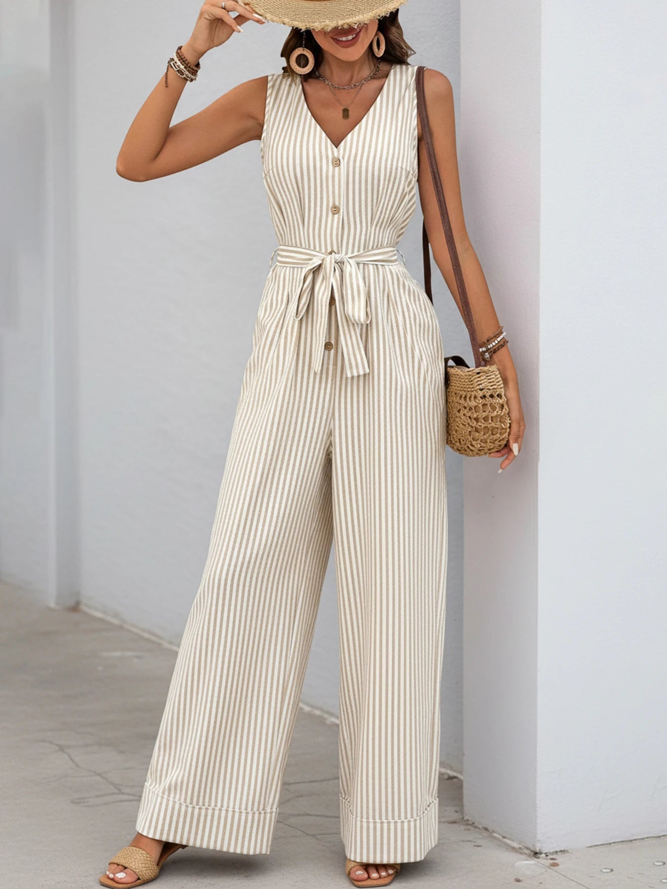 Summer new style cross-border export striped sleeveless V-neck casual multi-purpose one-piece long pants for women