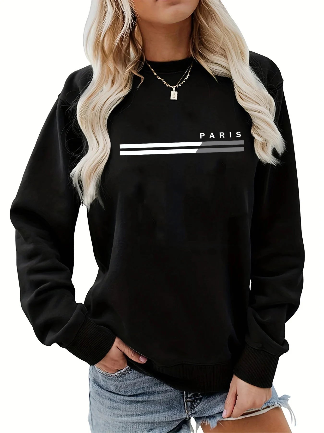 Women's autumn and winter casual, fashionable, loose, comfortable, warm, Paris pattern printed round neck long sleeved pullover