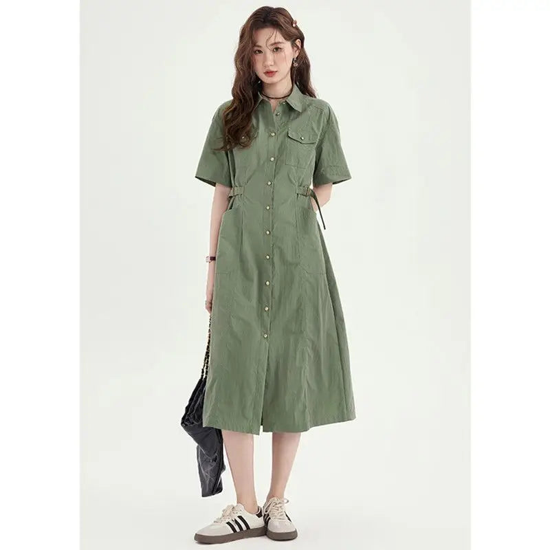Fashion Lapel Button Pockets Lace Up Casual Dresses Female Clothing Summer New Loose Short Sleeve Solid Color Midi Dress