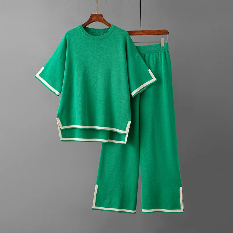 Women Two Piece Set Knit Sweater Suit Short Sleeve Round Neck Tops Loose Wide Leg Pants Solid Splice Midi Waist Casual