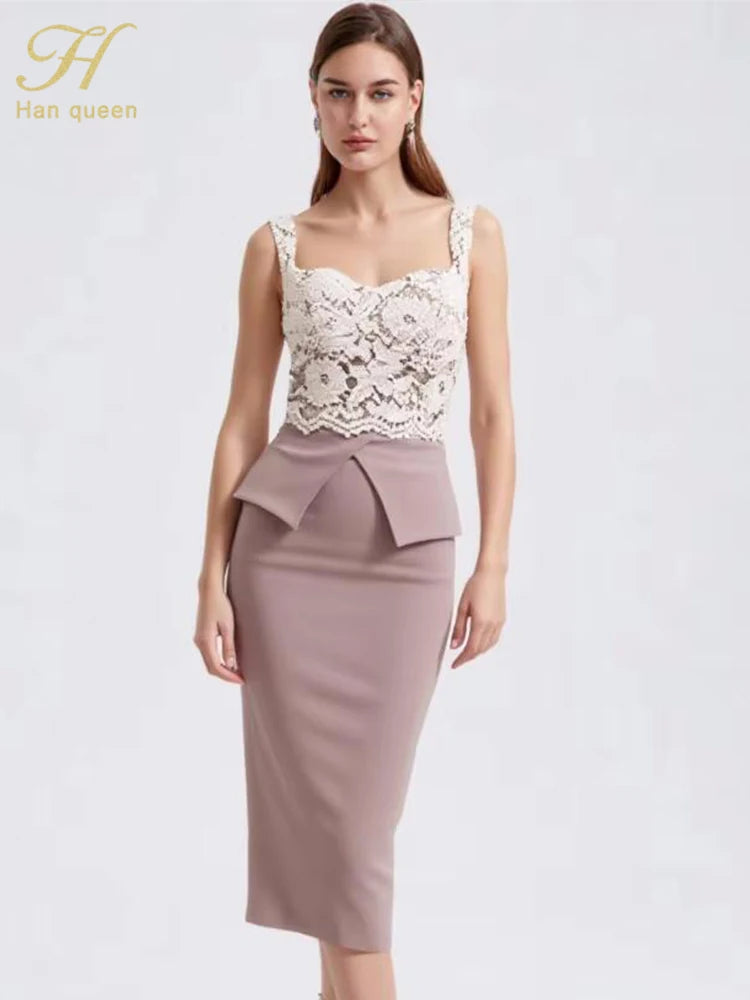 Halter Strapless Sleeveless Hollow out Holiday Prom Dresses Summer Lace Splicing Sexy Club Sheath Pencil Dress