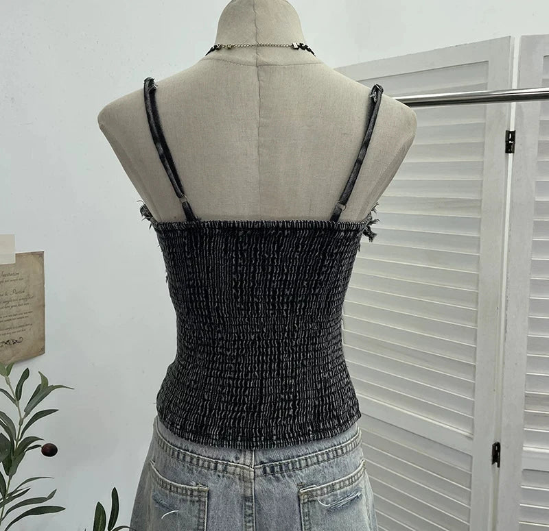 Vintage Distressed Denim Camisomle Raw Edge Lace-Up Cropped Tank Top for Layering & Edgy Outfits
