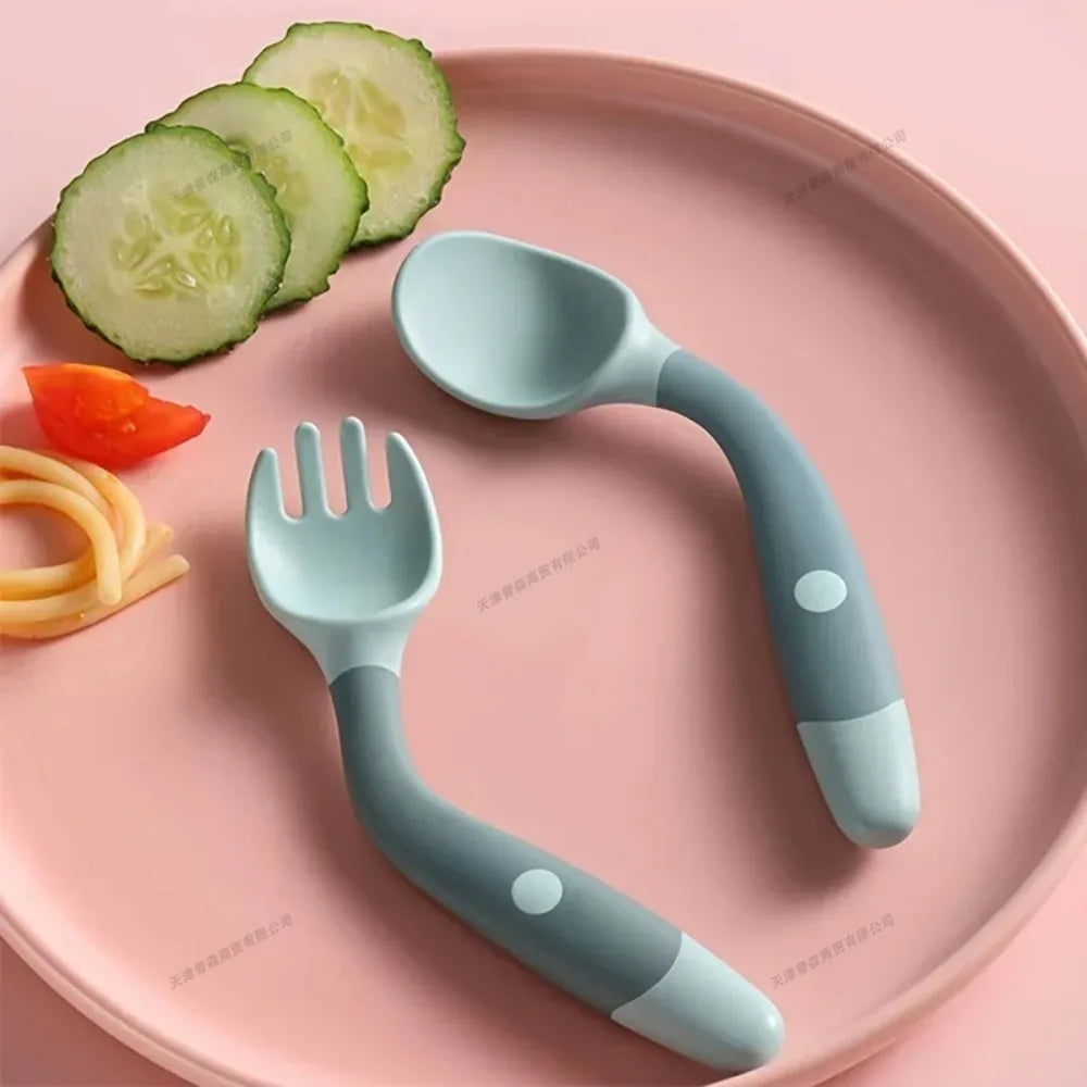 Baby Fork and Spoon Set Soft Silicone Handle Bendable Toddler Utensils Training Tableware Self Feeding Tools for Infants Kids