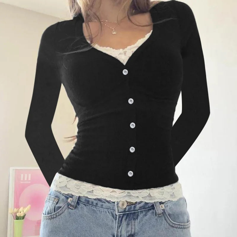 French Pure Color Lace Splice Slim Fit Long Sleeve Short T-Shirt Sexy Fake Two-Piece Top for Women