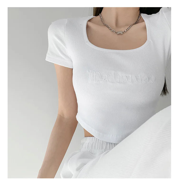 Tshirts Superior Quality spring/summer Letters Embroidery Short Sleeve Tall Waist Fashion Ladies Tops Dropshipping WYP6723