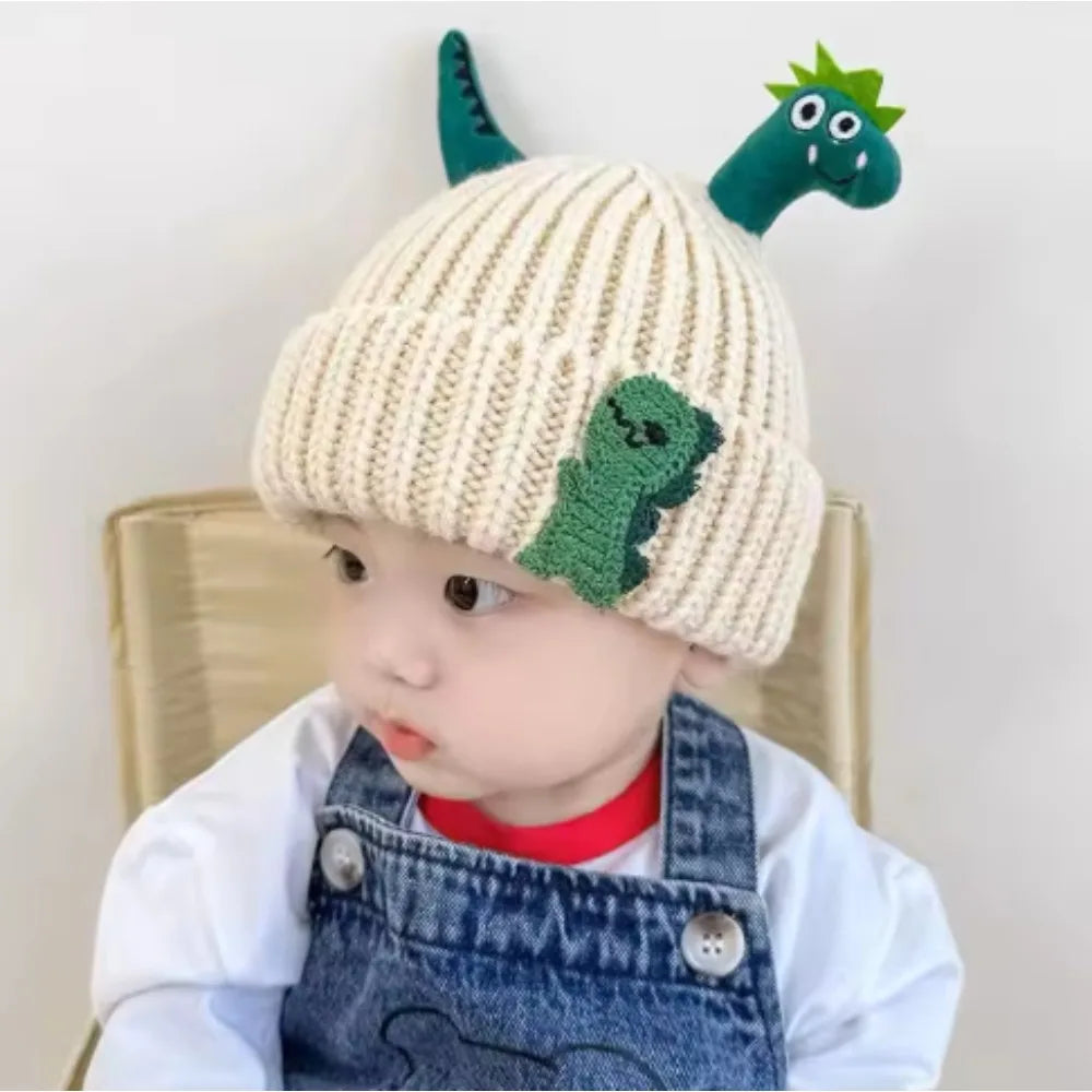 Cute Dinosaur Baby Knitted Hat Winter Warm Children Beanies Thicken Woolen Kids Crochet Bonnet 1-5 Years Boys Girls Pullover Cap