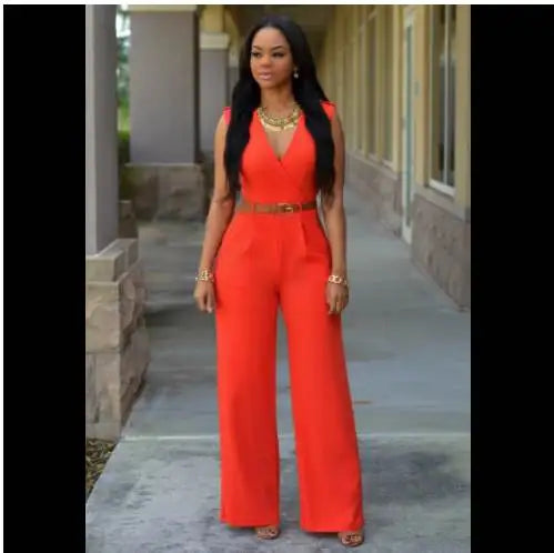 Summer Women's Jumpsuit Wide Leg Pants V-Neck One-Piece Suit with Belt Casual Fashionable Ladies' All-In-One Clothing