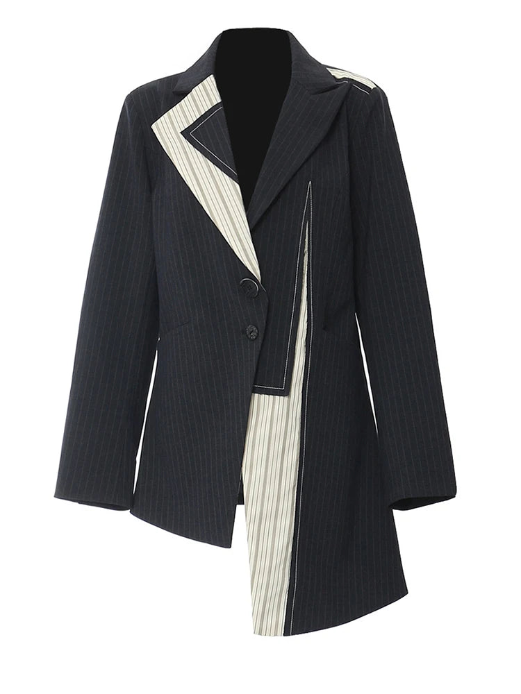 EAM Women Navy Blue Striped Irregular Elegant Blazer New Lapel Long Sleeve Jacket Fashion Tide Spring Autumn 2026 1DH5930