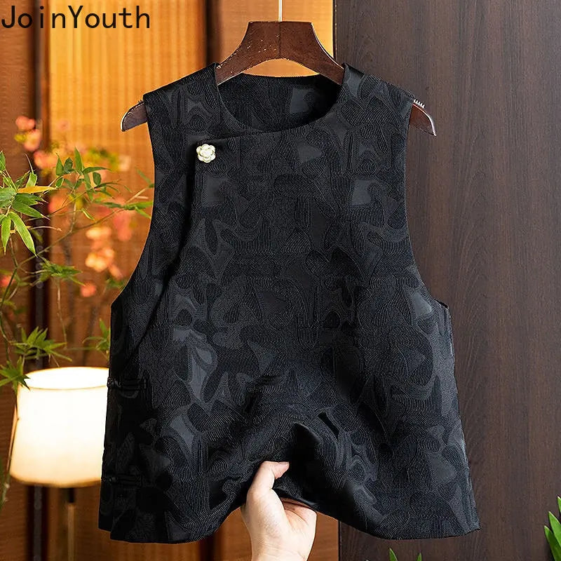 2025 Ropa Mujer Vintage Tanks Chinese Style Jacquard Cotton Vest for Women Chalecos Para Mujer O-neck Sleeveless Waistcoat Tops