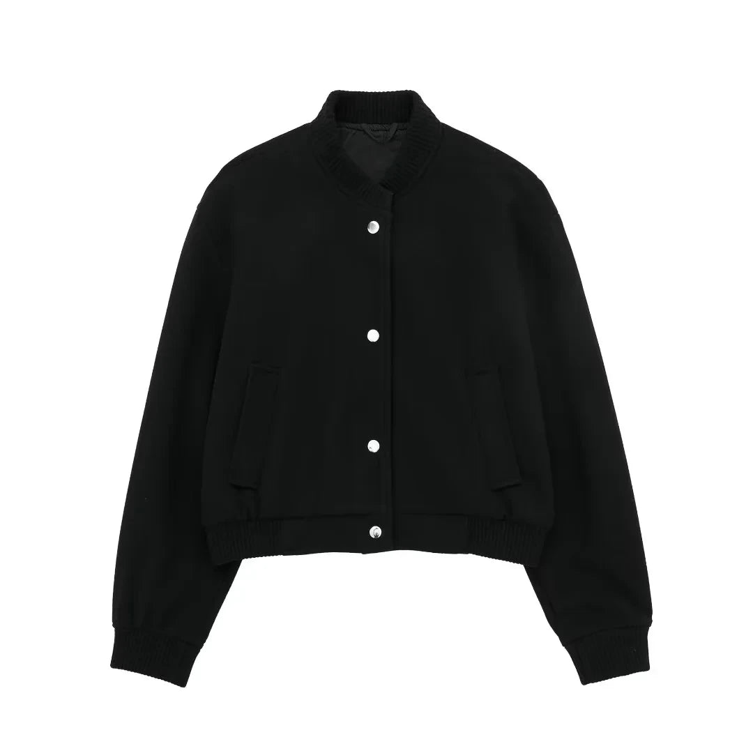 HH Vintage Women Soft Cropped Bomber Jacket 2023 Female Autumn Winter Woolen Cloth Jacket Woman Fashion Short Coats