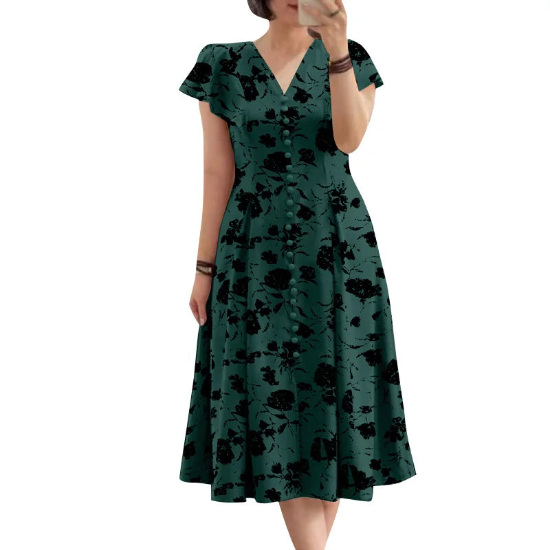 Bohemain Floral Dress ZANZEA Summer Holiday Vestidos Women Elegant V Neck Short Sleeve Sundress Fashion Casual Buttons Midi Robe