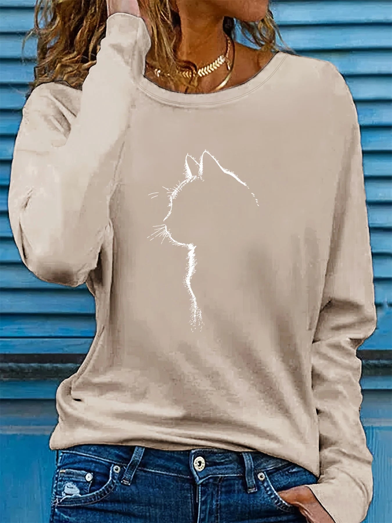 100% pure cotton women's spring and autumn comfortable casual long sleeved cat graphic printed round neck T-shirt